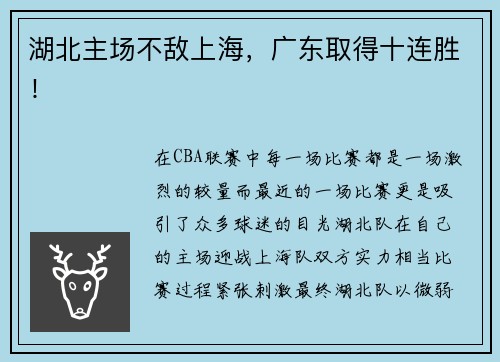 湖北主场不敌上海，广东取得十连胜！